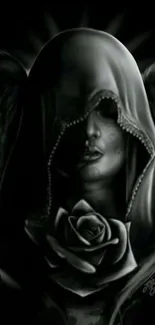 Hooded angel with dark wings and rose in mysterious grayscale art.