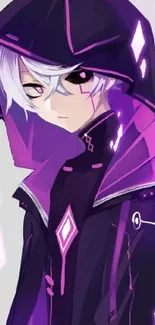 Anime character in hood with purple highlights.