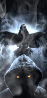 Mystical hooded figure with crow and smoke for phone wallpaper.