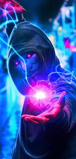 Hooded figure with glowing energy and neon blue background.