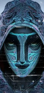 Futuristic masked figure with intricate teal designs.