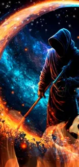 A hooded figure in blue and orange cosmic scene with fire elements.