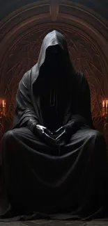 Mystical hooded figure in dark ambiance with an intricate background.