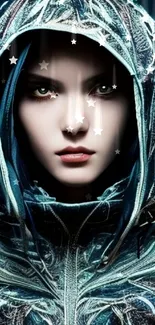 Mystical hooded figure with green eyes in fantasy art wallpaper