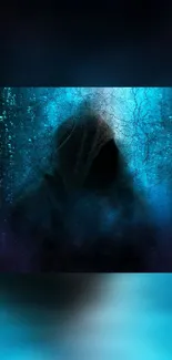 Mystical hooded figure in blue abstract art.