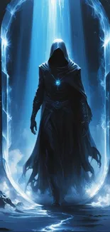 Hooded figure in blue glowing light through a mystical portal.