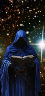 Mystical hooded figure with cosmic background.