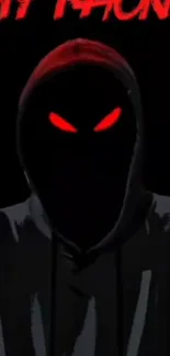 Mysterious hooded figure with red glowing eyes on dark background.