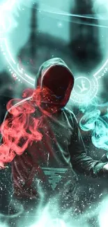 Hooded figure with red, blue smoke and mystical symbols.