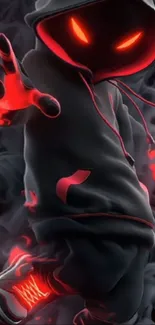 Hooded figure with glowing red elements and smoke background on mobile wallpaper.