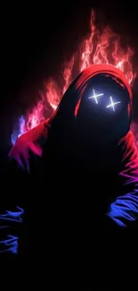 Hooded figure with glowing eyes and red flames on a black background phone wallpaper.