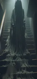 Hooded figure stands at the top of a dimly lit staircase.