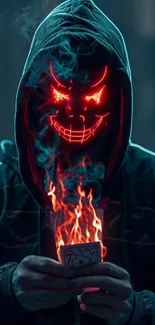 Hooded figure with neon eyes and fire in hands against a dark background.