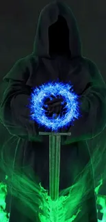 Hooded figure with blue energy and green flames in dark mystical setting.