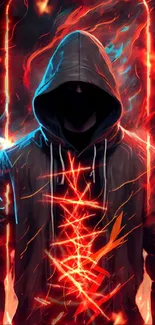 Hooded figure amidst vibrant red and blue flames mobile wallpaper.