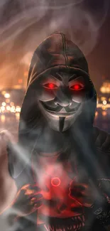 Hooded figure with glowing red eyes amidst smoke and urban lights.