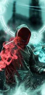 Hooded figure with red and blue smoke on teal backdrop.