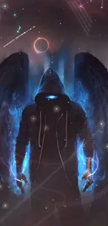 Mystical hooded figure with glowing blue aura and celestial background.