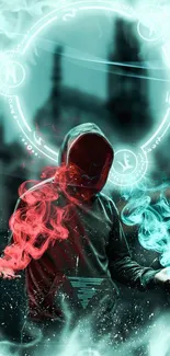 Hooded mystical figure with vibrant teal and red smoke.