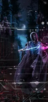 Mystical hooded figure with neon lights in a dark digital forest scene.