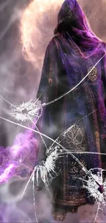 Mystical hooded figure in purple cloak with magical smoke effects.