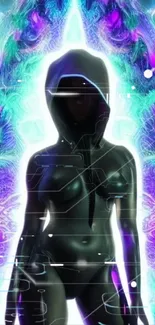 Mystical hooded figure with neon background in vibrant fantasy art design.