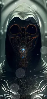 Mysterious hooded figure with intricate armor in dark setting.