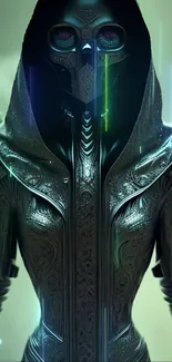 Mystical hooded figure with intricate armor and luminous streaks.