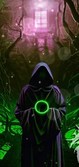 Mystical hooded figure in dark, glowing green forest wallpaper.