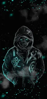 Mystical hooded figure with cyan highlights on a dark background.