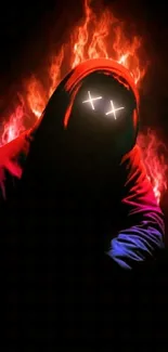 Hooded figure with fiery flames in artistic style.