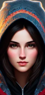 Digital art of a mystical hooded girl with vibrant colors and intricate details.