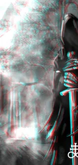 Mystical hooded figure in 3D illusion with surreal blue and red hues.