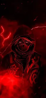 Mysterious hooded figure with red lightning and smoke in a dark aura.