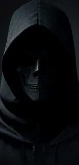 Hooded figure with a skull face in a dark, mysterious setting.