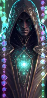 Hooded sorcerer with glowing teal magic aura.