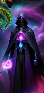 Hooded sorcerer with staff in vibrant cosmic background.