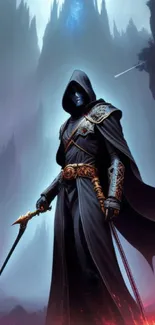 Mystical hooded warrior in dark fantasy landscape with glowing elements.