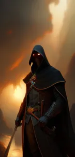 Hooded warrior in a mystical, fiery landscape.