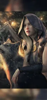 Hooded woman and wolf in a mystical forest.