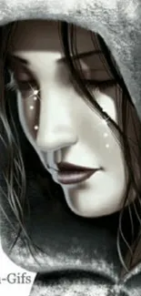 Mystical gray hooded woman digital art.