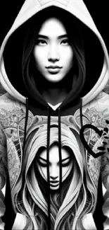 Black and white hooded figure art wallpaper for phone.