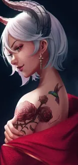 Horned anime girl with tattoos and a bird, wrapped in a red cloth.