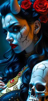 Artwork of a mystical horned woman with red roses and skull accent.