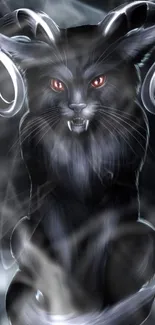 Mystical horned cat surrounded by smoke in dark fantasy wallpaper.