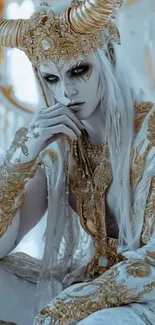 Mystical horned character in golden attire wallpaper.