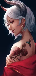 Mystical horned character with floral tattoos in red attire.