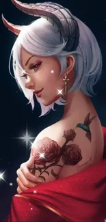 Fantasy artwork of a horned lady with tattoo in a starry night.