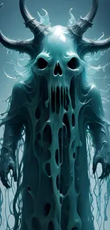 Mystical horned skull with teal hues and ghostly, flowing design.