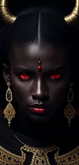 Mystical horned warrior with golden details and red eyes on a dark background.